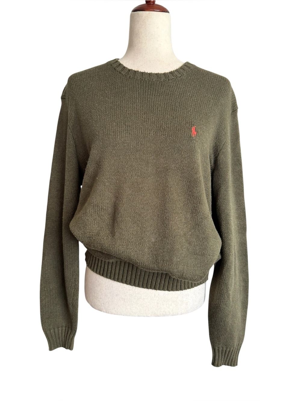 Polo by Ralph Lauren Olive Crewneck Sweater with Orang Pony Embroidered Logo